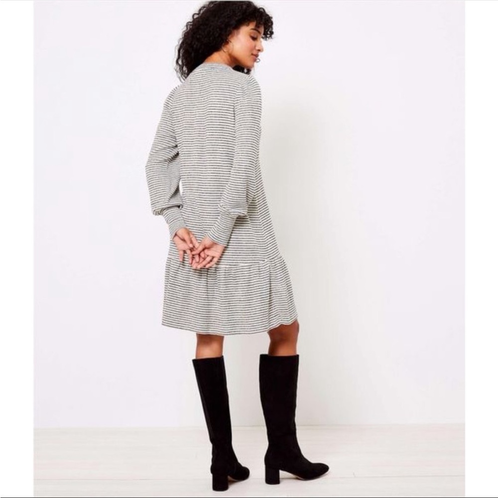 Loft Black & White Shimmer Striped Flounce Sweater Dress Small